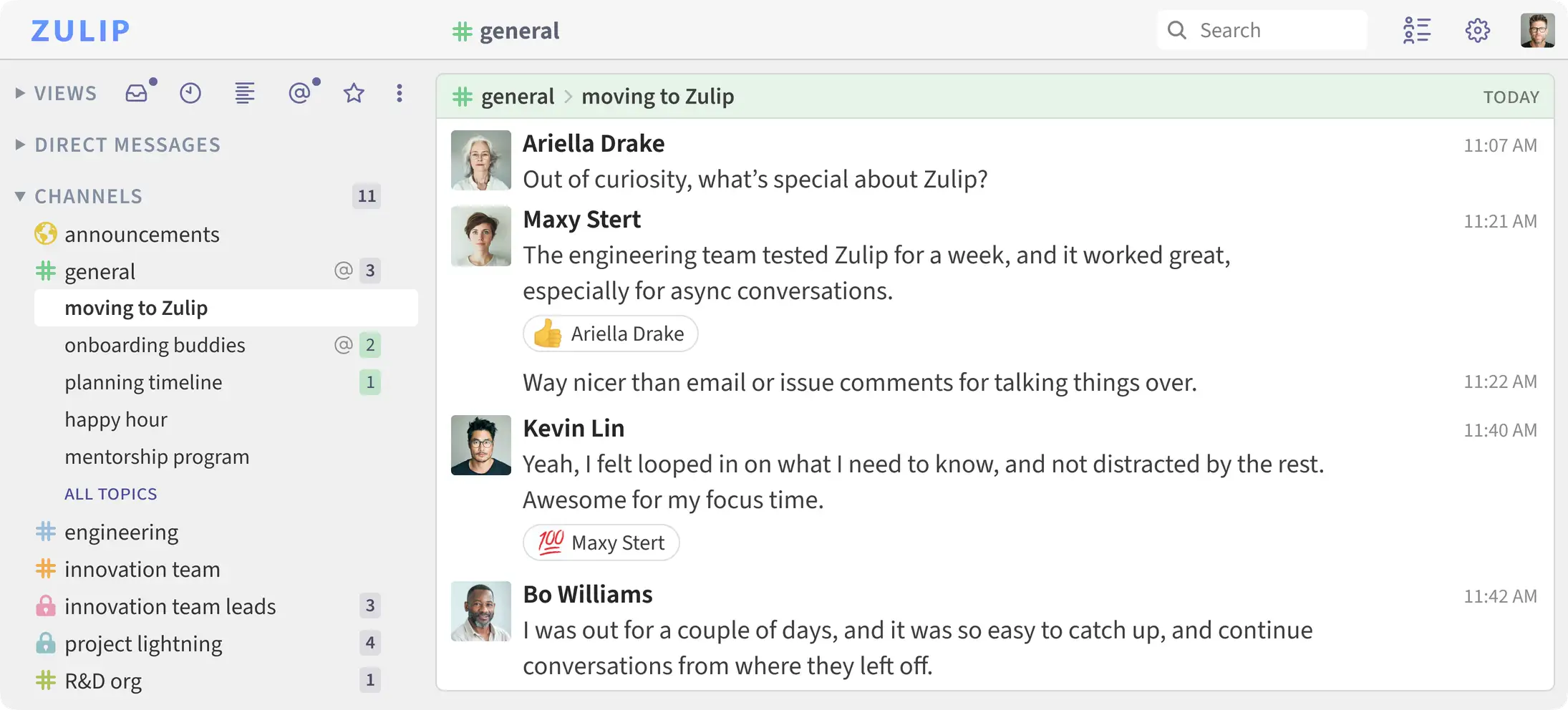 The Zulip web app showing a channel conversation on desktop