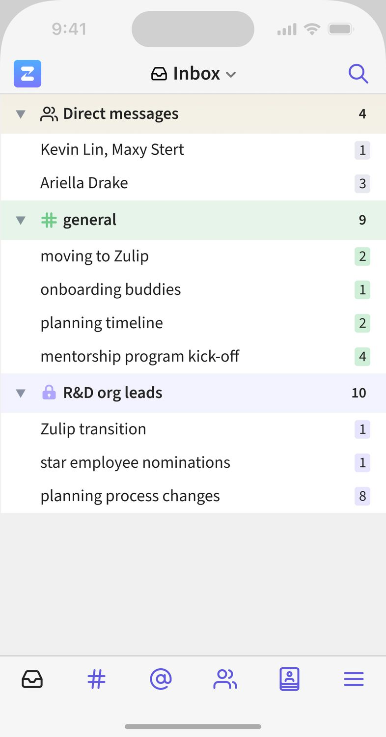 The Zulip mobile app inbox showing channels and topics on a phone